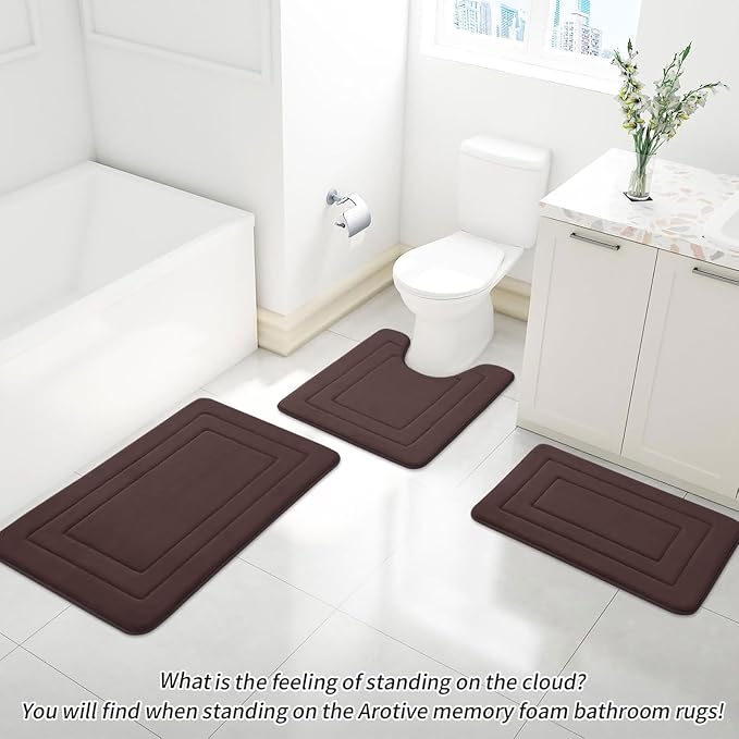 Arotive Memory Foam Bathroom Rug Mat 24x16, Ultra Soft and Absorbent Bath Mat, Machine Wash Dry, Comfortable Bath Rug Carpet for Bathroom Floor, Tub and Shower, Brown