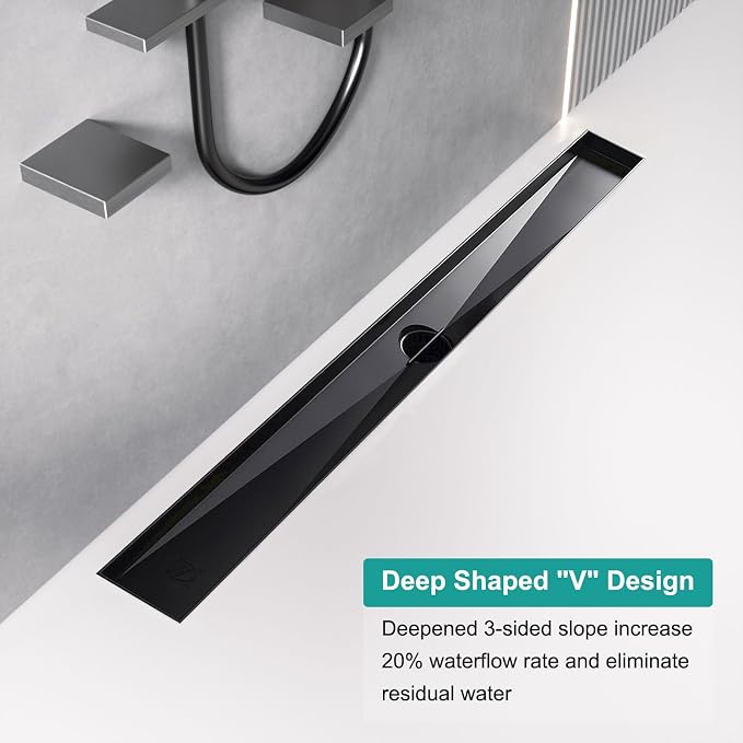 BARONAGE 28 Inch Linear Shower Drain, Rectangle Shower Floor Drain with 2-in-1 Flat & Tile Insert Cover, 304 Stainless Steel Bathroom Drains with Hair Catcher and Leveling Feet (Matte Black)