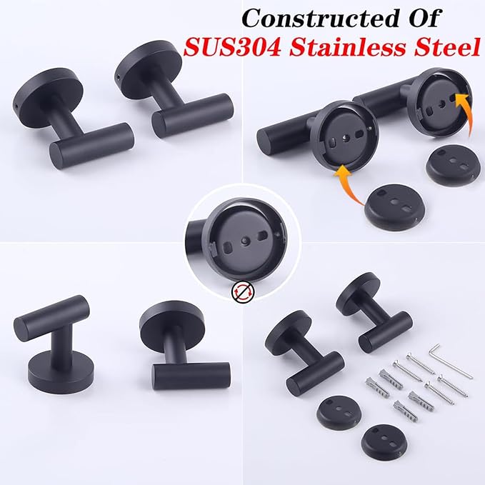GERZWY Bathroom Matte Black Coat Hook SUS 304 Stainless Steel Single Towel/Robe Clothes Hook for Bath Kitchen Contemporary Hotel Style Wall Mounted 2 Pack AG1107B-BK