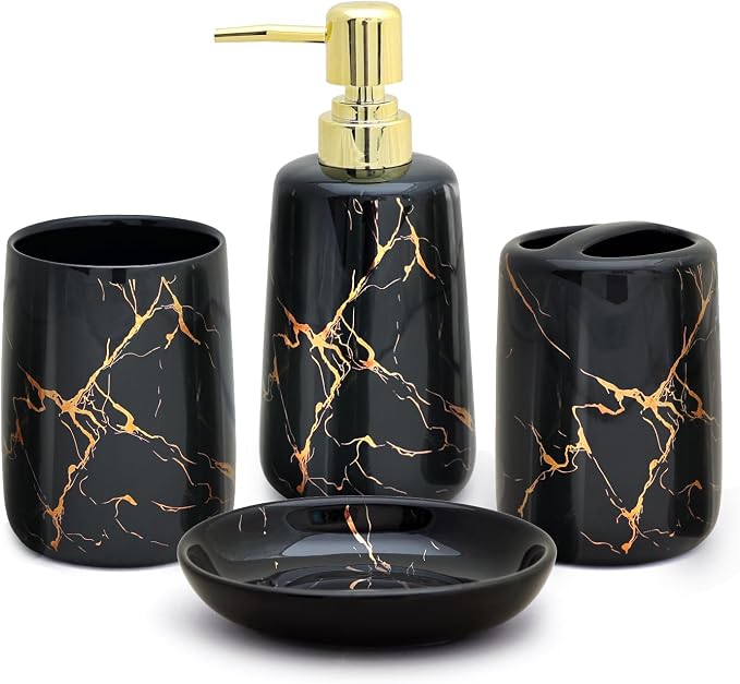 CERBIOR Bathroom Accessories Set,4 Pcs Ceramic Bathroom Accessory,Black | Includes Toothbrush Holder, Toothbrush Cup, Soap Dish for Decorative Countertop and Housewarming Gift