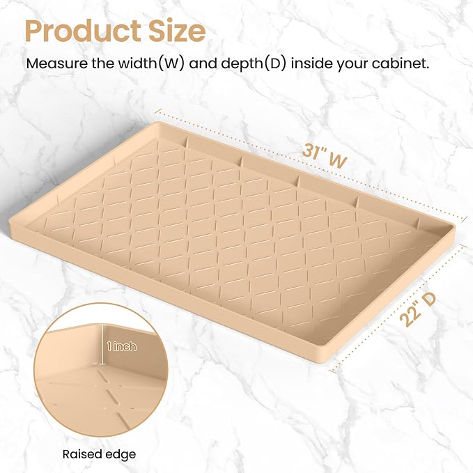 Mateeylife Under Sink Mats for Kitchen Waterproof 31"X22", Undersink Protectors，Silicone Mat Cabinet Liner, Under Sink Organizer for Bathroom and Kitchen，Boot Tray Pet Food Mat, Beige