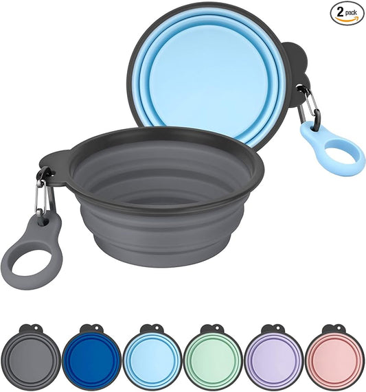 2 Pack 15oz/1.8 Cup Collapsible Dog Bowls with Bottle Carrier | Upgraded Carabiner,One-piece Molded Rim Won't Fall Off or Crack, Foldable Portable for Pets Water Drinking or Food Feeding