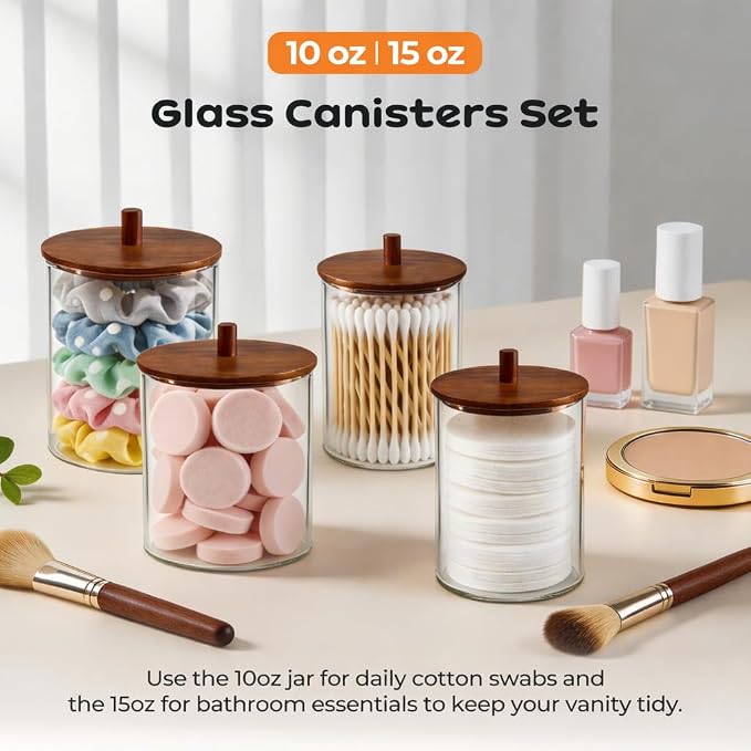 15oz & 10oz Glass Qtip Holder with Acacia Wood Lids, 6 Pack Apothecary Jars | Small Glass Dispenser Jars with Labels, for Cotton Swabs, Cotton Balls, Pads, Floss Picks, Toothpicks, Vanity Organization