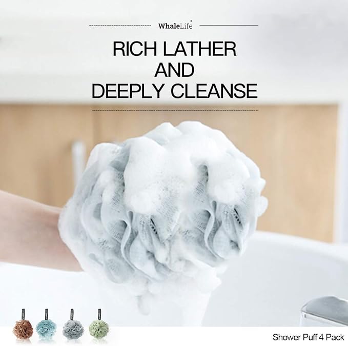 Loofah Sponge Bath Sponge for Women Men 4 Pack (Borwn Blue Gray Green) | 10X Suds Save Body Wash Double Knotted Anti Tear Core Fast Dry Cotton Loop Stay Fresh Large Mesh for Sensitive Skin