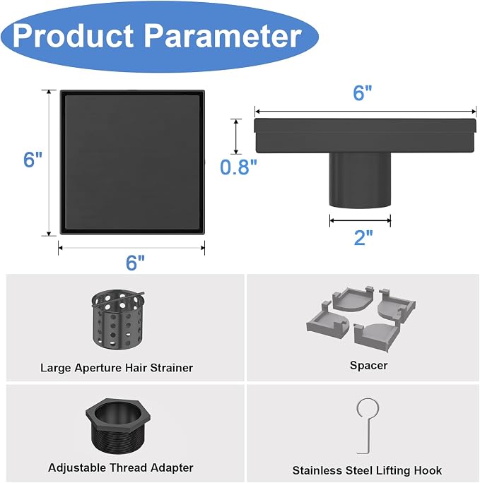 6-Inch Square Shower Drain with Tile Insert Grate, SUS 304 Stainless Steel Shower Floor Drain Kit with Hair Strainer (Matte Black)