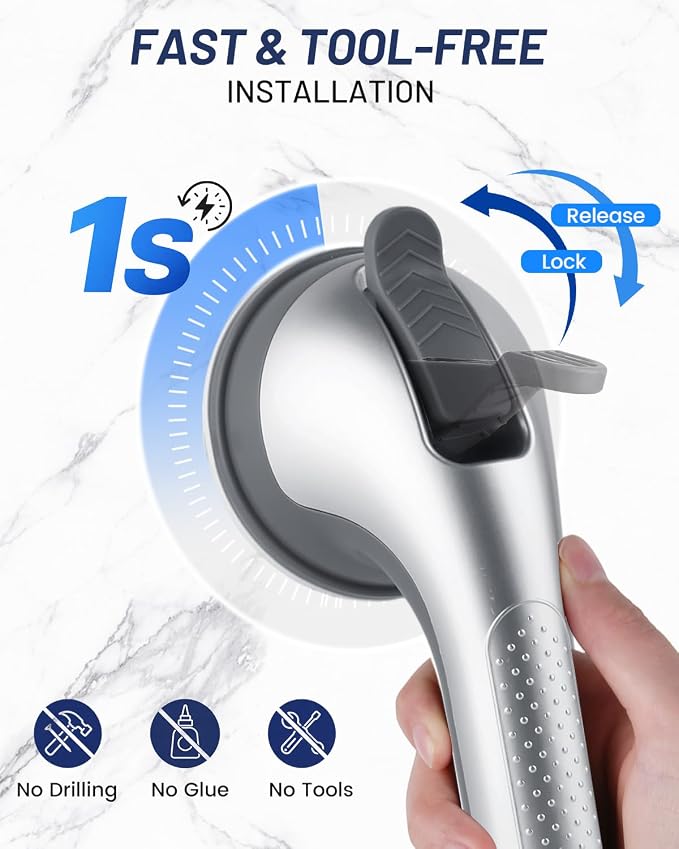 Gel-Enhanced Shower Grab Bars for Seniors and Elderly, Heavy Duty Suction Safety Bars for Bathtubs and Showers, No Drilling Removable Bathroom Handles for Tub and Shower Support, Silver