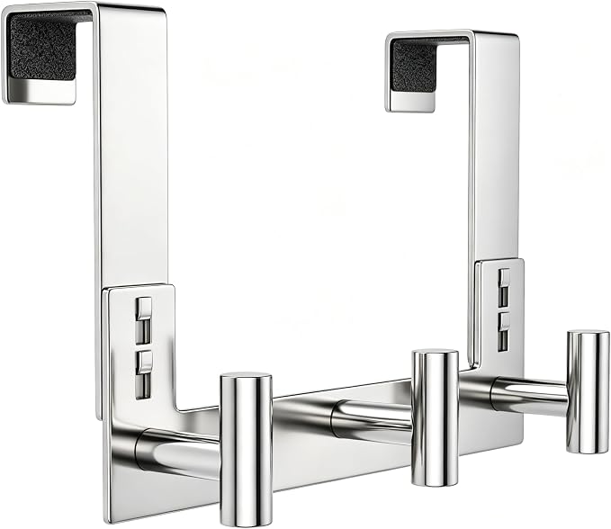 PMMASTO Over The Door Hooks, Fits 1-3/4" Thick Door No Drill Hooks for Closet Bathroom Bedroom Organization, Hanger for Coat Towel Robe (Polished Silver, 3 T-Hooks)