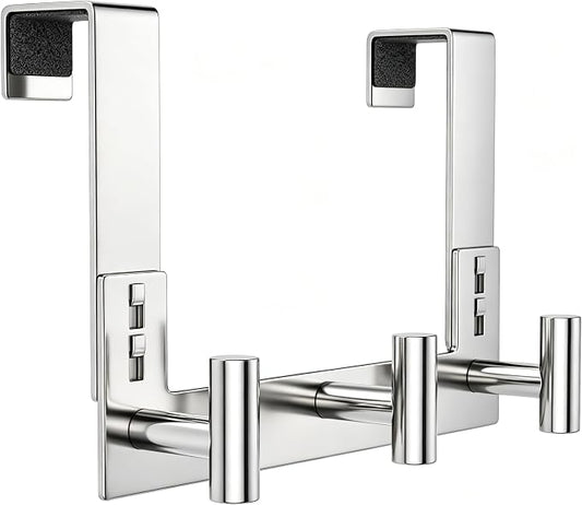 PMMASTO Over The Door Hooks, Fits 1-3/4" Thick Door No Drill Hooks for Closet Bathroom Bedroom Organization, Hanger for Coat Towel Robe (Polished Silver, 3 T-Hooks)