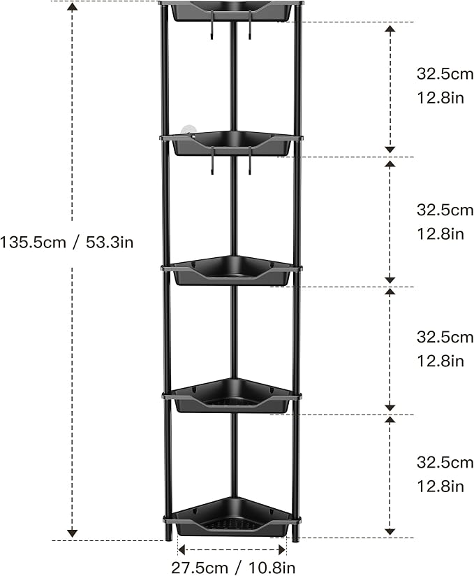 Orimade Rustproof 5 Tier Floor Standing Corner Shower Caddy Organizer, Plastic Metal Splicing Floor Corner Shelf Rack Stands for Bathroom, Black