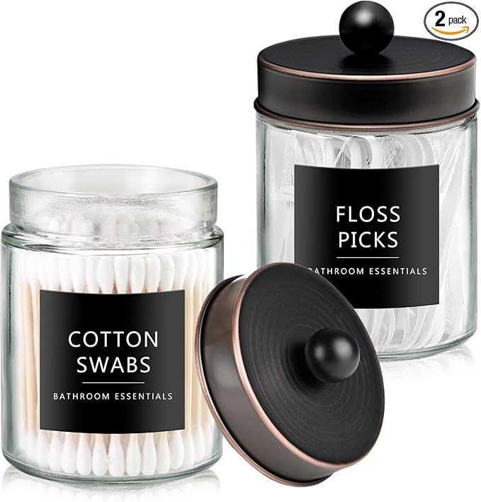 SheeChung 2 Pack Glass Qtip Holder with ORB Stainless Steel Lids | Apothecary Jars with Stickers, Modern Farmhouse Bathroom Vanity Organizer for Cotton Swabs, Balls, Pads (Oil Rubbed Bronze)
