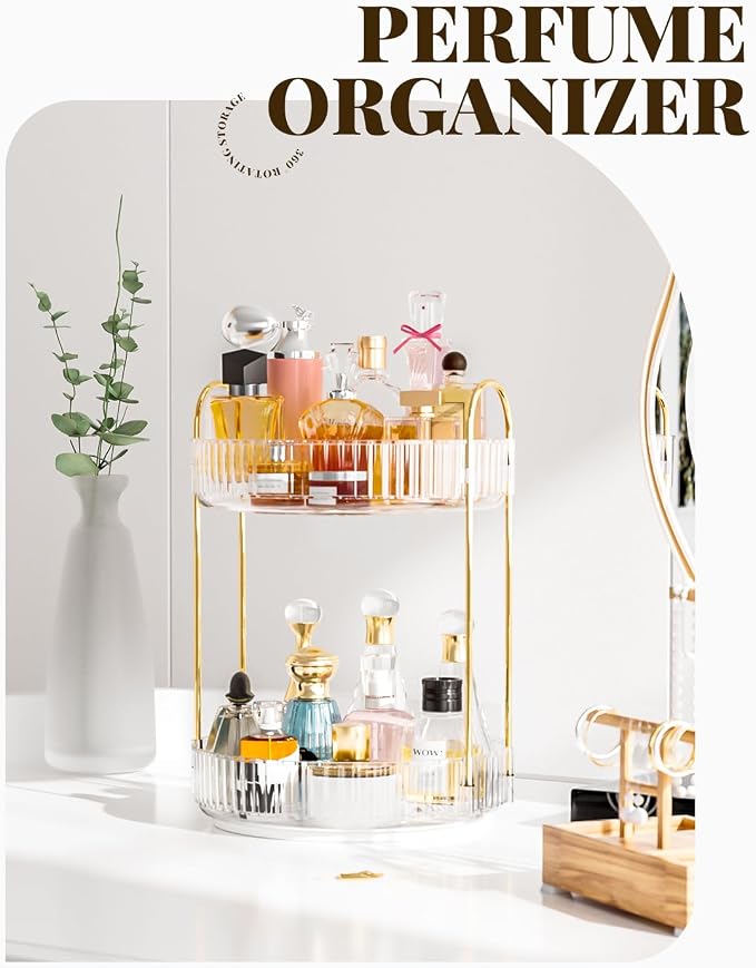 Bathroom Organizer Countertop, Rotating Makeup Organizer for Vanity, 2-Tier Make Up Organizers and Storage, Vanity Tray Shelf for Cosmetic, Skin Care, Lotions (Clear)
