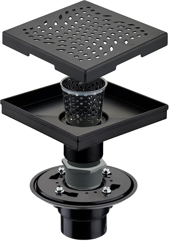 Matte Black Shower Drain with Flange, HIDROP SUS 304 Stainless Steel 6 inch Square Shower Floor Drain with Removable Hair Strainer…
