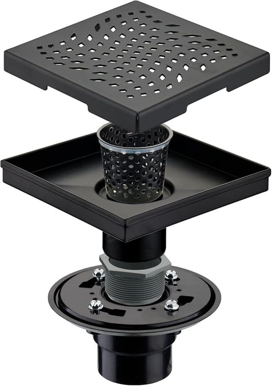 Matte Black Shower Drain with Flange, HIDROP SUS 304 Stainless Steel 6 inch Square Shower Floor Drain with Removable Hair Strainer…