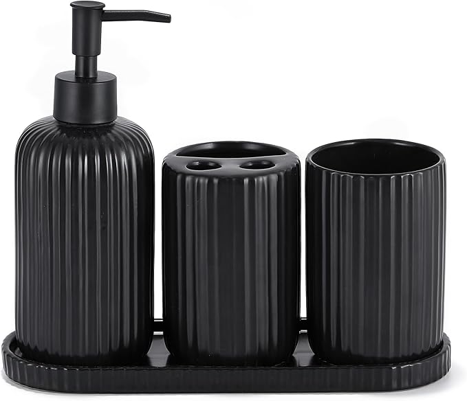Black Bathroom Accessories Set, 4PC Ceramic Bathroom Sets Complete-Toothbrush Holders, Soap Dispenser, Vanity Tray, Toothbrush Cup, Sleek Black Bathroom Decor, Housewarming Gifts