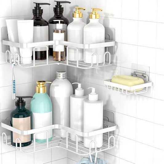 Moforoco Corner Adhesive Shower Caddy, with Soap Holder and 12 Hooks, Rustproof Stainless Steel Bathroom Organizer, No Drilling Wall Mounted Rack, Black, 3-Pack(White)