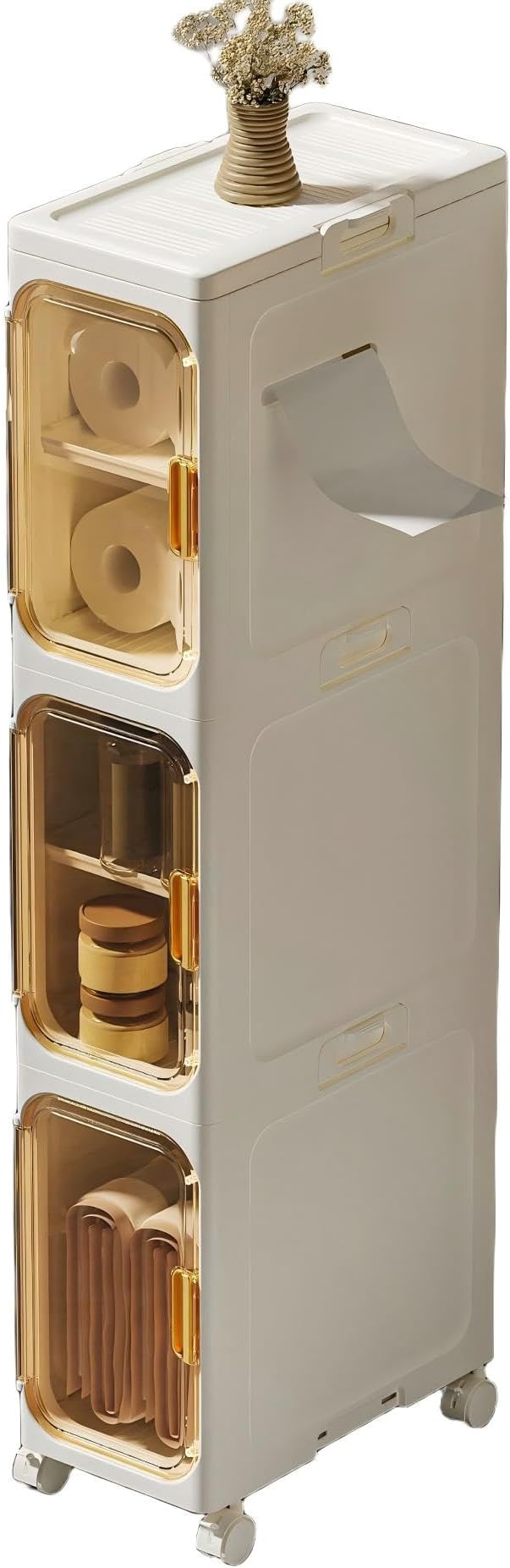Slim Bathroom Storage Cabinet, Foldable & Movable Narrow Storage Organizer for Small Spaces, Bathroom, Kitchen, Laundry Room, Living Room (3-Tier)