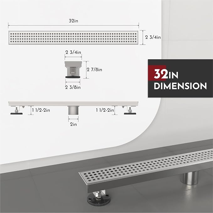 WEBANG 32 Inch Linear Shower Drain Rectangular Floor Drain with Accessories Square Hole Pattern Cover Grate Removable SUS304 Stainless Steel CUPC Certified Brushed