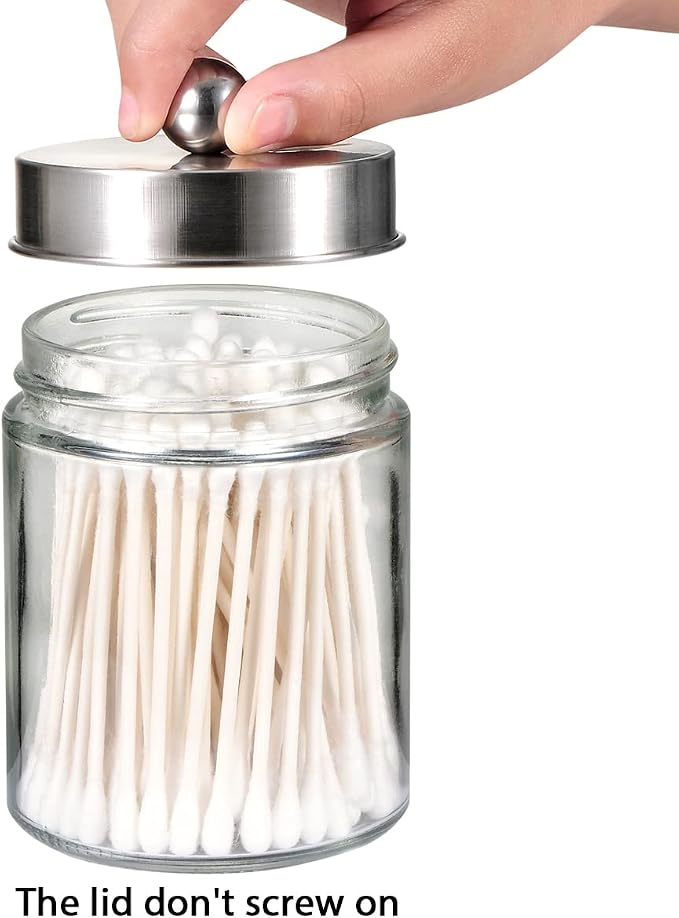 Amolliar Apothecary Jars Bathroom Vanity Organizer -Countertop Canister Jar with Storage Lid - Qtip Dispenser Holder Glass for Qtips,Cotton Swabs,Makeup Sponges,Hair Band - Brushed Nickel (2 Pack)
