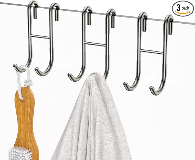 Over Shower Glass Door Hooks, 3 Pack Silver 304 Stainless Steel Shower Door Hooks, Bathroom Frameless Drilling-Free Hanger, Towel Hooks, for Bathing Suits, Robe, Towel, Squeegee, Loofah, Shaver