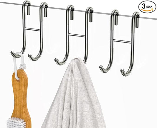 Over Shower Glass Door Hooks, 3 Pack Silver 304 Stainless Steel Shower Door Hooks, Bathroom Frameless Drilling-Free Hanger, Towel Hooks, for Bathing Suits, Robe, Towel, Squeegee, Loofah, Shaver