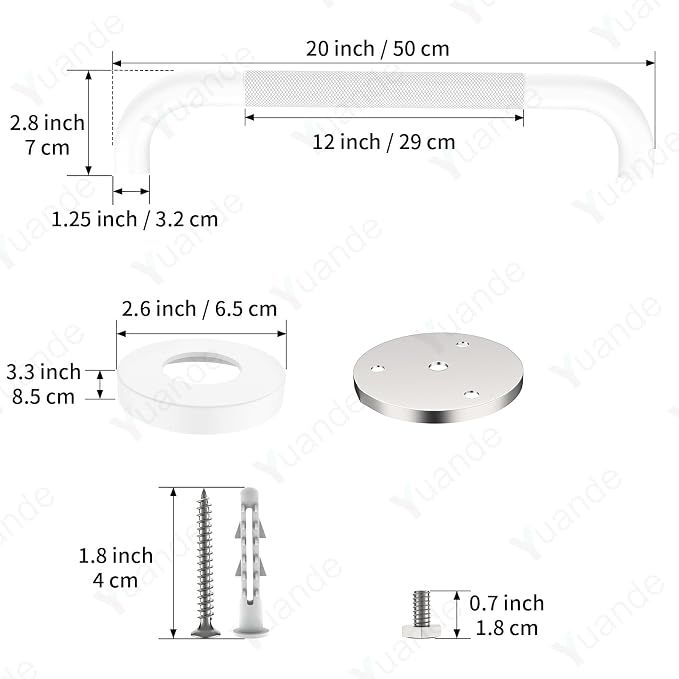 20 Inch Anti Slip Shower Grab Bar, YuanDe White Stainless Steel Bath Grab Bar, Knurled Bathroom Safety Rail, Shower Handrail Support, Handicap Elderly Balance Assist Handles-1.25" Diameter