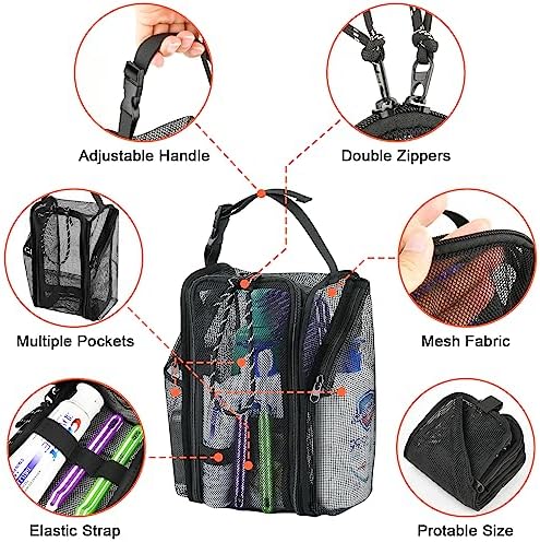 Cosmos Mesh Shower Caddy Toiletry Organizer Hanging Shower Tote Bag, Quick Dry Shower Organizer Portable Bath Bag with Durable Zippers & Side Pockets for Travel, Gym, Swimming, Beach and Camp