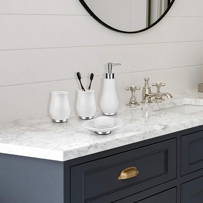 RQYIXI Ceramic 4-Piece Bathroom Accessories Set, White, Tulip Design | ceramic tulip-inspired curved design with stainless steel base modern countertop organization