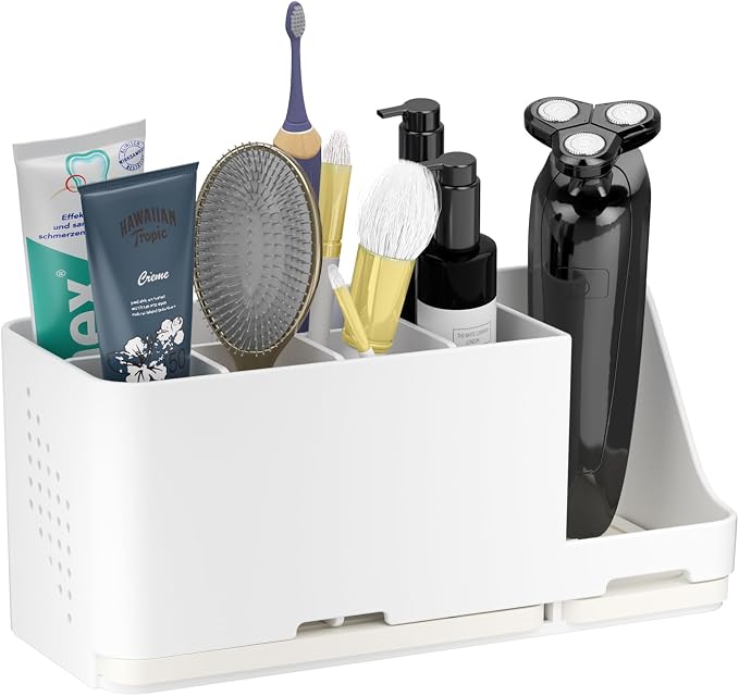 Bathroom Countertop Organizer with Water Absorbent Diatomite,8 Slots Bathroom Toothbrush Holder with Adjustable Dividers,Bathroom Sink Organizer Countertop (White)