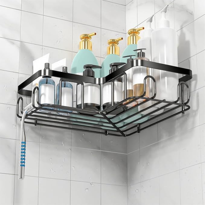 Moforoco Corner Shower Caddy Shelf Organizer Rack, Self Adhesive Black Bathroom Shelves Basket, Home Wall Shower Inside Organization and Storage Decor RV Accessories, First Apartment Essentials