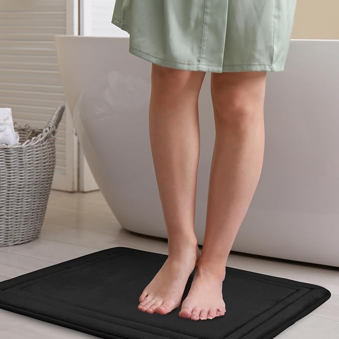 Black Memory Foam Bath Mats Non-Slip Washable 20x32 Microfiber Bathroom Rug | Large Shower Rug Soft Absorbent Plush Bathroom Floor Tub Bathrug