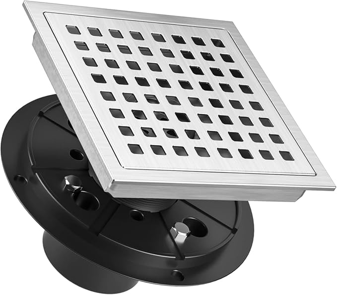 6 Inch Square Shower Drain Chrome with Removable Quadrato Pattern Grate, SUS 304 Stainless Steel Floor Drain with Flange