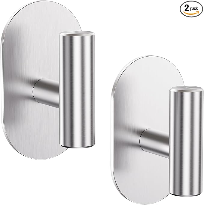 Aikzik Silver Adhesive Hooks Heavy Duty, Wall Hooks for Shower, Bathroom, Towel, Coat, Robe, Stainless Steel Hooks for Hanging, Waterproof & Rustproof Sticky Hooks for Walls No Damage- 2 Pack