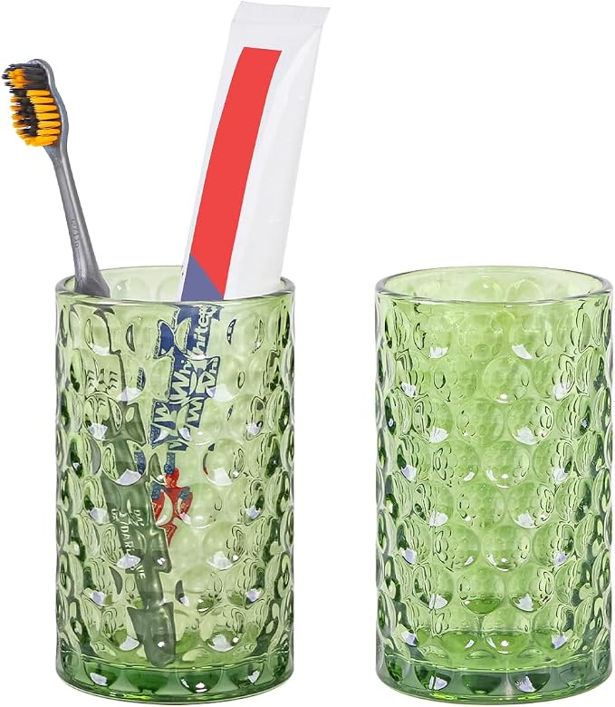 Bathroom Toothbrush Holder Set, 11oz Green Glass Toothbrush Holder and Bathroom Tumbler Cup Set, Decorative Countertop Storage Cups Organizer for Toothpaste, Brushes