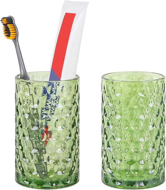 Bathroom Toothbrush Holder Set, 11oz Green Glass Toothbrush Holder and Bathroom Tumbler Cup Set, Decorative Countertop Storage Cups Organizer for Toothpaste, Brushes