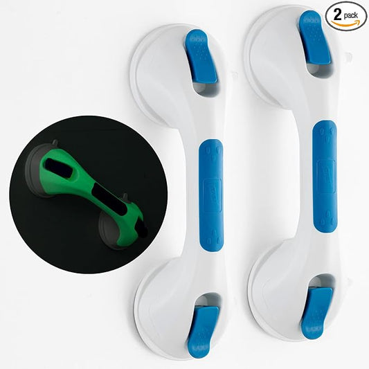 TAILI Grab Bars for Shower Glow in The Dark, 2 Pack 12.2" Grab Bars for Bathtubs and Showers,Shower Handles Rails for Seniors and Elderly,Bathroom Safety Removable No Drilling Waterproof Blue,G9