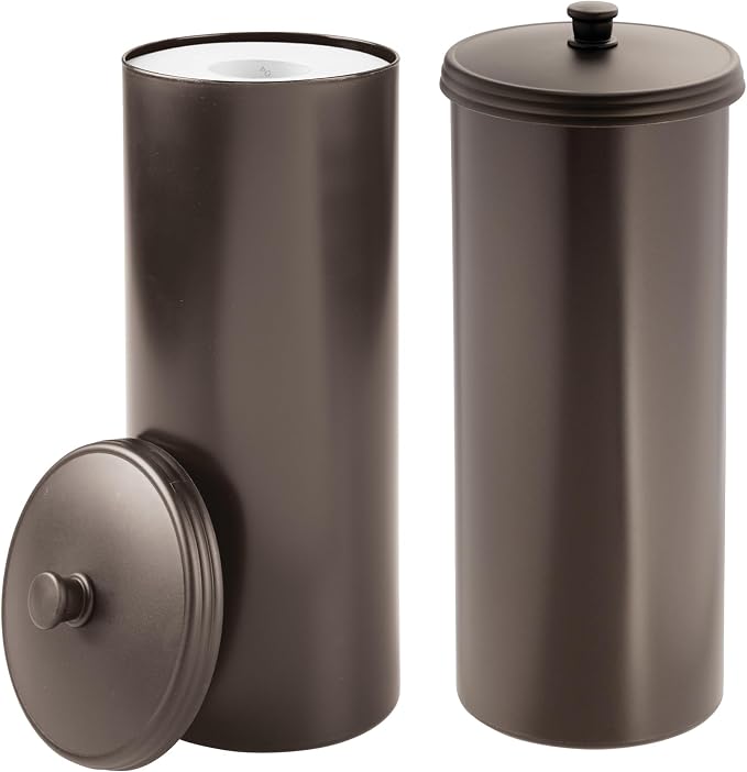 iDesign Freestanding Bathroom Toilet Paper Storage Holder, 2-Pack, Bronze | With Lid, Holds 3 Extra Rolls