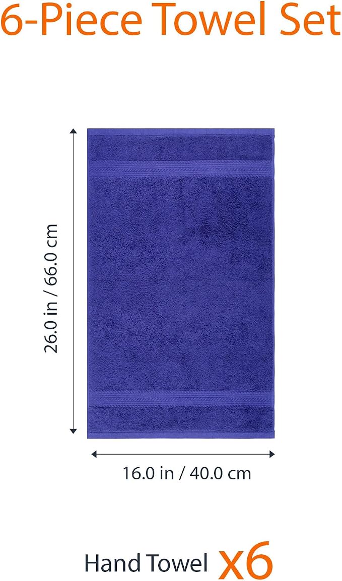 Amazon Basics 100% Cotton Fade-Resistant Hand Towels for Bathroom, Soft Absorbent, 26" x 16", Navy Blue, 6-Pack