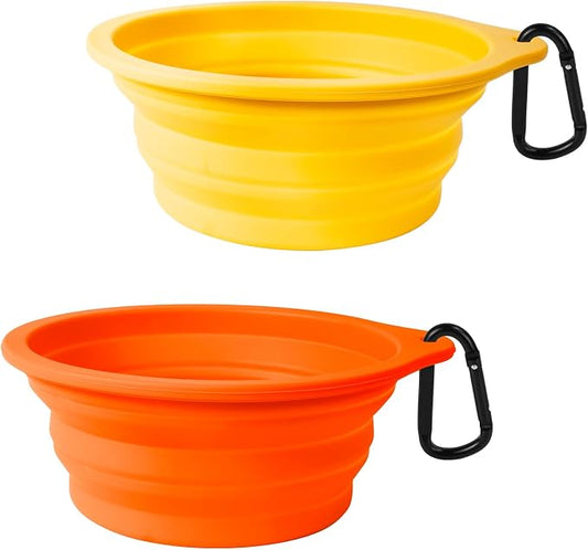 PetBonus 2-Pack Collapsible Dog Bowls, Portable Travel Dog Water Food Bowls | 20 Oz, Silicone, Foldable Expandable Cat Feeding Cup Dish, 2 Carabiners, BPA Free, Dishwasher Safe (Orange, Yellow)