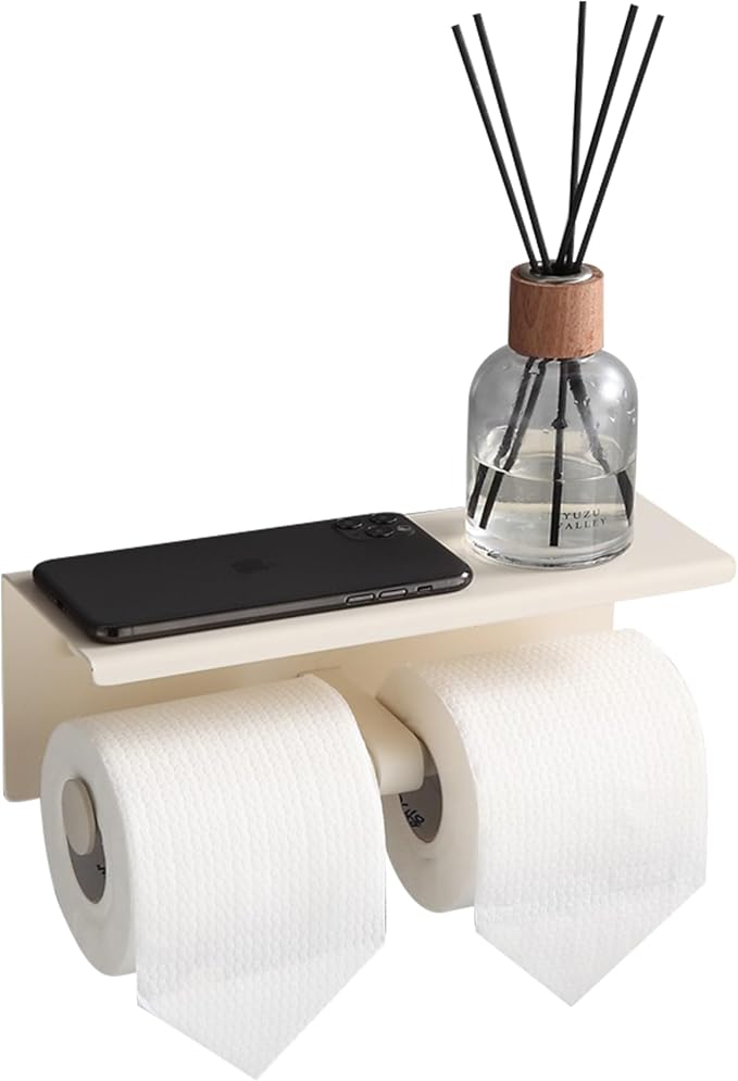 BGL Toilet Paper Holder with Shelf White Double Head Toilet Tissue Roll Holder 304 Stainless Steel Wall Mount for Bathroom