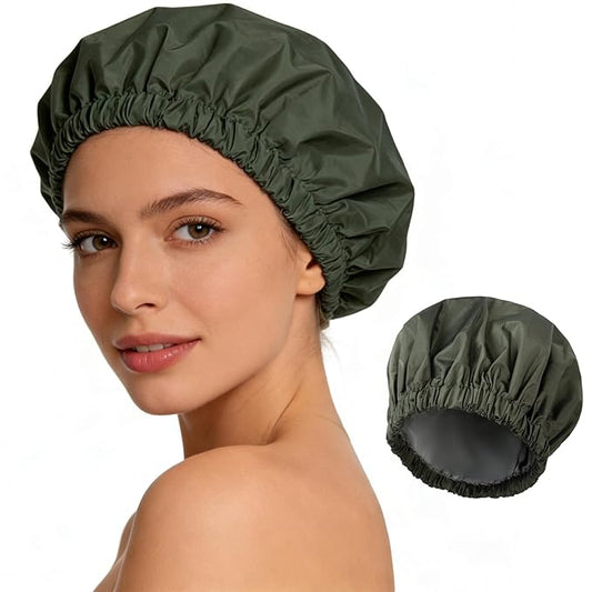 Shower Cap for Women Reusable Waterproof, Large Bath Cap with Elastic Band, Hair Caps for Long Hair and Braids, Green
