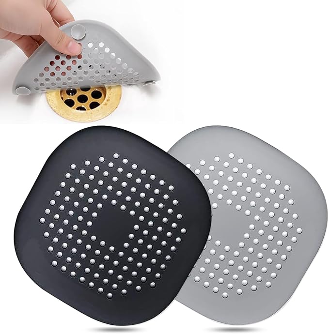 Hair Drain Catcher,Square Drain Cover for Shower Silicone Hair Stopper with Suction Cup,Easy to Install Suit for Bathroom,Bathtub,Kitchen 2 Pack (Sliver Grey Black) | Drainer Cover Silicone Hair Stopper with Suction Cups,Protector Accessories,Easy to I...