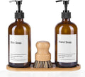 SIDIQI Design Glass Soap Dispenser Set of 2 with Plastic Pumps, Bamboo Tray, Brush & Labels - Ideal for Bathroom & Kitchen Countertop - 500ml/17 Oz