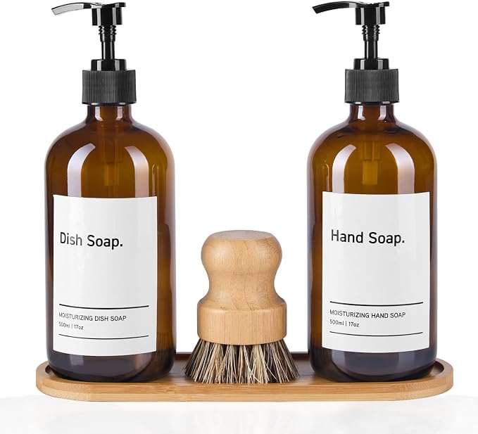 SIDIQI Design Glass Soap Dispenser Set of 2 with Plastic Pumps, Bamboo Tray, Brush & Labels - Ideal for Bathroom & Kitchen Countertop - 500ml/17 Oz