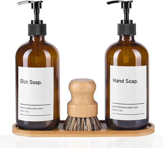SIDIQI Design Glass Soap Dispenser Set of 2 with Plastic Pumps, Bamboo Tray, Brush & Labels - Ideal for Bathroom & Kitchen Countertop - 500ml/17 Oz