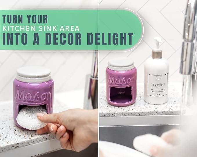 Comfify Purple Mason Jar Ceramic Sponge Holder – Farmhouse Sink Caddy | Purple; mason jar ceramic; 5"H x 3.75" diameter; includes nylon scrubby; embossed ‘MASON’; decorative lid; farmhouse