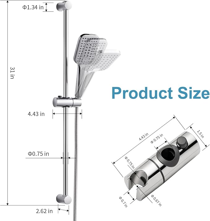 OFFO Shower Slide Bar Combo, Adjustable 31 in Slide Bar with 3-Mode Square Handheld Shower Head and 60 in Stainless Steel Hose, Screw Wall Mounted, Chrome Finish