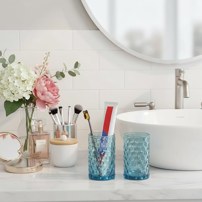 Glass Toothbrush Holder, Blue Bathroom Toothbrush and Toothpaste Holder Set, 11 oz Bathroom Tumbler Cup Set, Decorative Countertop Storage Cups Organizer for Toothpaste, Brushes