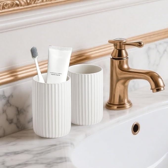 Toothbrush Holders for Bathrooms, Ceramic Tooth Brush Holder Set, Ribbed Bathroom Cups Tumbler, Reusable Toothbrush Mouthwash Cup, Toothpaste Holder Toothbrush Organizer for Bathroom Counter