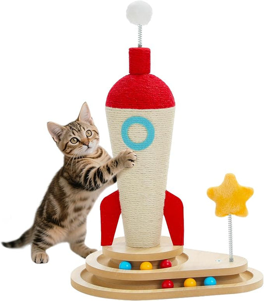 PETEPELA 24.8'' Rocket Sisal Cat Scratcher with Track Toy, Beige | Cute Scratching Post with 2-Layers Wooden Track Cat Toys & Spring Pompom for Indoor Cats Adults
