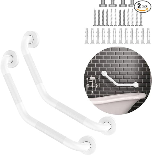 16 Inch Angled Grab Bar 2 Pack, ZUEXT Anti Slip White Shower Grab Bar Handles, Stainless Steel Knurled Bathroom Balance Bar, Safety Hand Rail Support,Handicap Elderly Injury Senior Assist Bath Handle